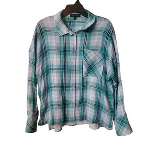 Anthropologie Sanctuary Plaid Gauzy Cotton Turquoise Boxy Button Up Shirt Medium